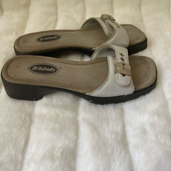 Dr Scholl’s light gray leather slides sandals side buckle square toe size 7 - Picture 13 of 16